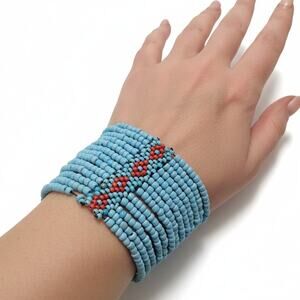 Vintage Blue Seed Bead Cuff Bracelet w Red Stripe Pattern Wide Boho Beaded Wrap